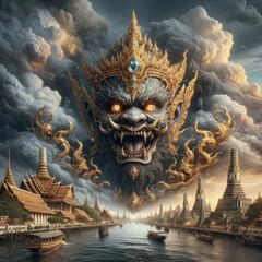 Fototapeta premium Colossal Guardian Spirit Above an Ancient City: A Hyper-Realistic Depiction of a Fearsome Mythical Figure Emerging from Stormy Skies, Protecting an Intricate Golden Temple Landscape with Divine Power 
