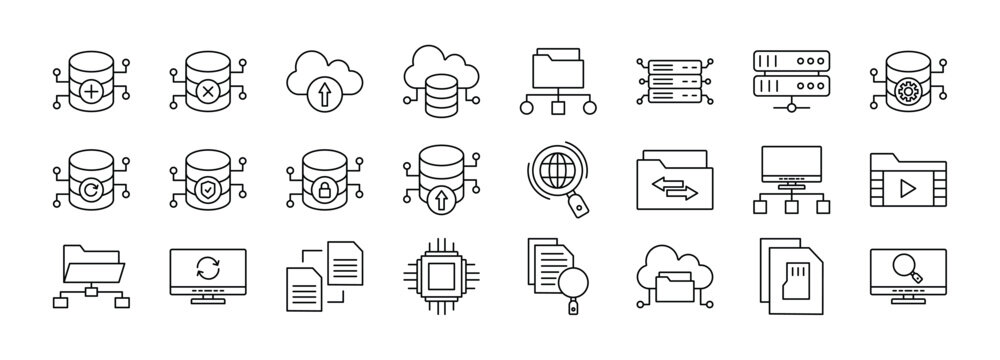 Database thin line icon set. Containing Add Database, Database Remove, Cloud Upload, Cloud Database, File Network