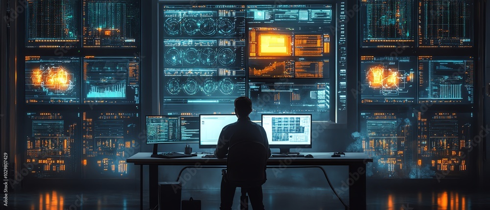 Aufkleber An IT Technical Support Specialist making an intercom announcement while working on a desktop computer in a monitoring control room filled with large digital screens displaying ser