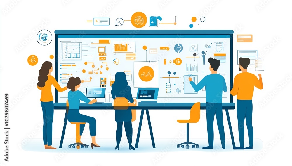 Poster Collaborative workspace with professionals utilizing CAD software on a digital whiteboard, highlighting the process of industrial design in electronics engineering