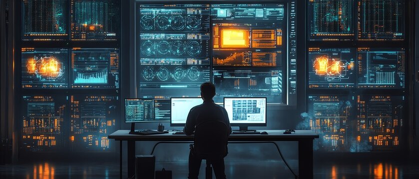 An IT Technical Support Specialist making an intercom announcement while working on a desktop computer in a monitoring control room filled with large digital screens displaying ser