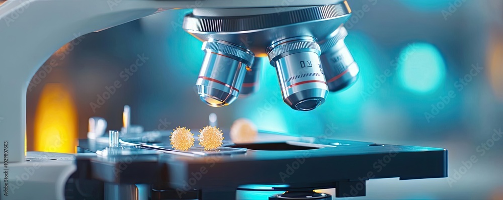 Poster close-up of a microscope with illuminated specimen on a table.