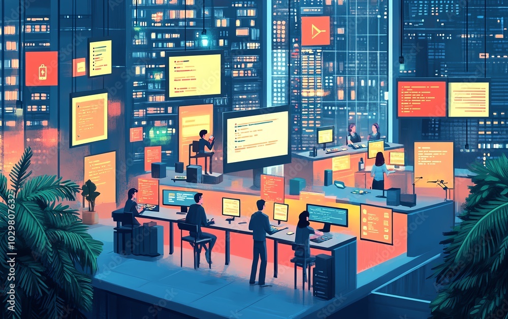 Poster Creative depiction of website development technologies at a software company, highlighting coding languages, tools, and a collaborative team environment
