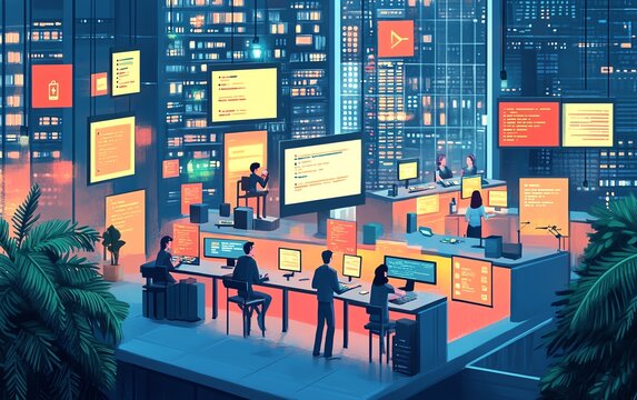Creative depiction of website development technologies at a software company, highlighting coding languages, tools, and a collaborative team environment