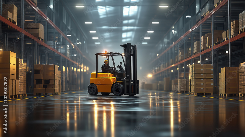 Poster modern warehouse showcasing efficient logistics operations with a forklift navigating through stacke