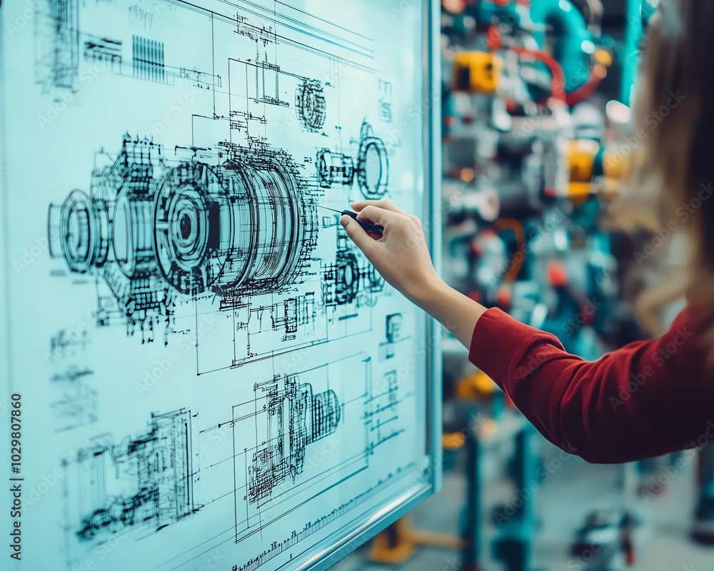 Poster Dynamic image of professionals engaged in industrial engineering design using a digital whiteboard with CAD software at an electronics engineers workspace