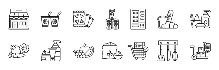 Grocery thin line icon set. Containing store, noodle, snack, soda, vending machine