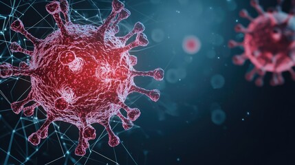 Illustration of a virus with red spikes against a dark, abstract background.