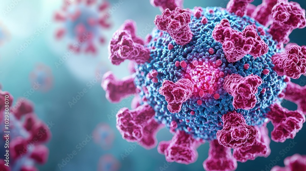 Poster close-up of a virus structure on a blurred background with vibrant colors.
