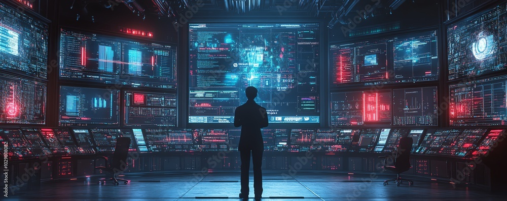 Poster hightech monitoring control room scene featuring an it technical support specialist making intercom 