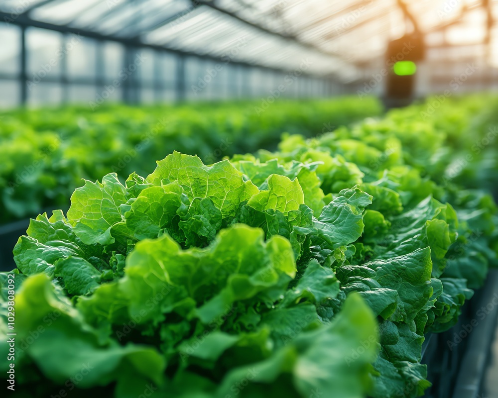 Poster hydroponic lettuce harvesting using a robotic arm in a greenhouse, showcasing smart farming technolo
