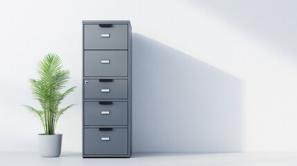 Minimalist Office Interior with File Cabinet and Plant