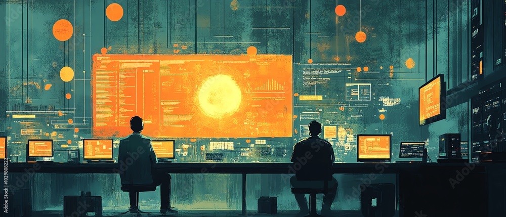 Poster Illustration of a software company engaged in website coding technologies, highlighting innovative tools and a collaborative atmosphere among developers