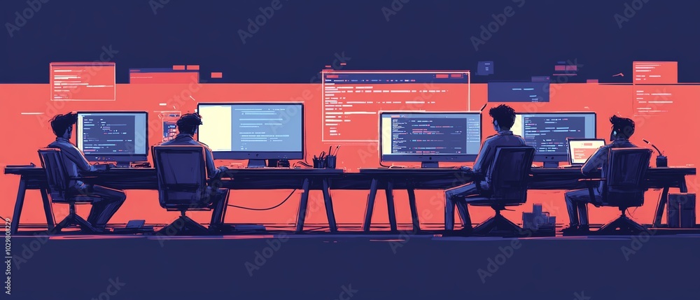 Poster Illustration of a software company engaged in website coding technologies, highlighting innovative tools and a collaborative atmosphere among developers