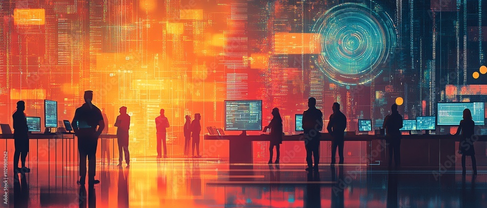 Poster Illustration of a software company engaged in website coding technologies, highlighting innovative tools and a collaborative atmosphere among developers