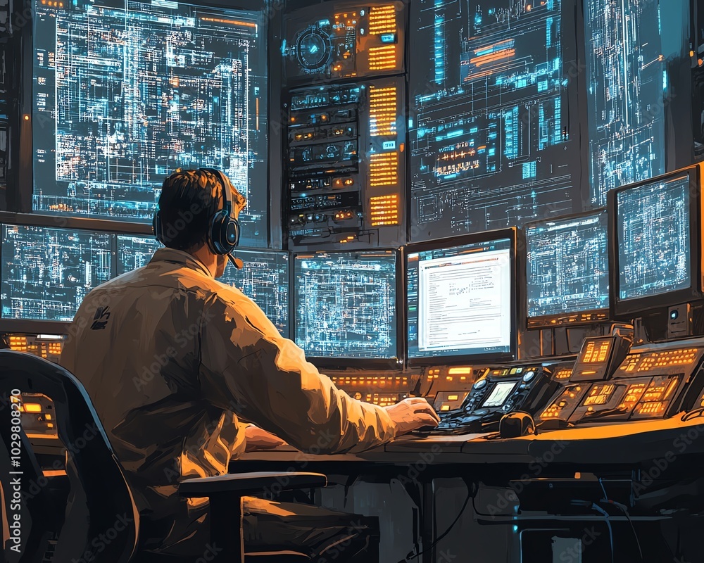 Poster illustration of an it technical support specialist working at a desktop computer, making intercom an