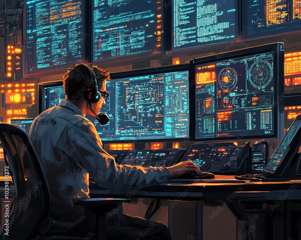Fototapete Illustration of an IT Technical Support Specialist working at a desktop computer, making intercom announcements in a hightech control room with massive digital displays