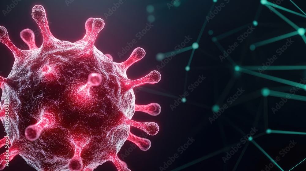 Poster 3d rendering of a virus with vivid details and glowing features.