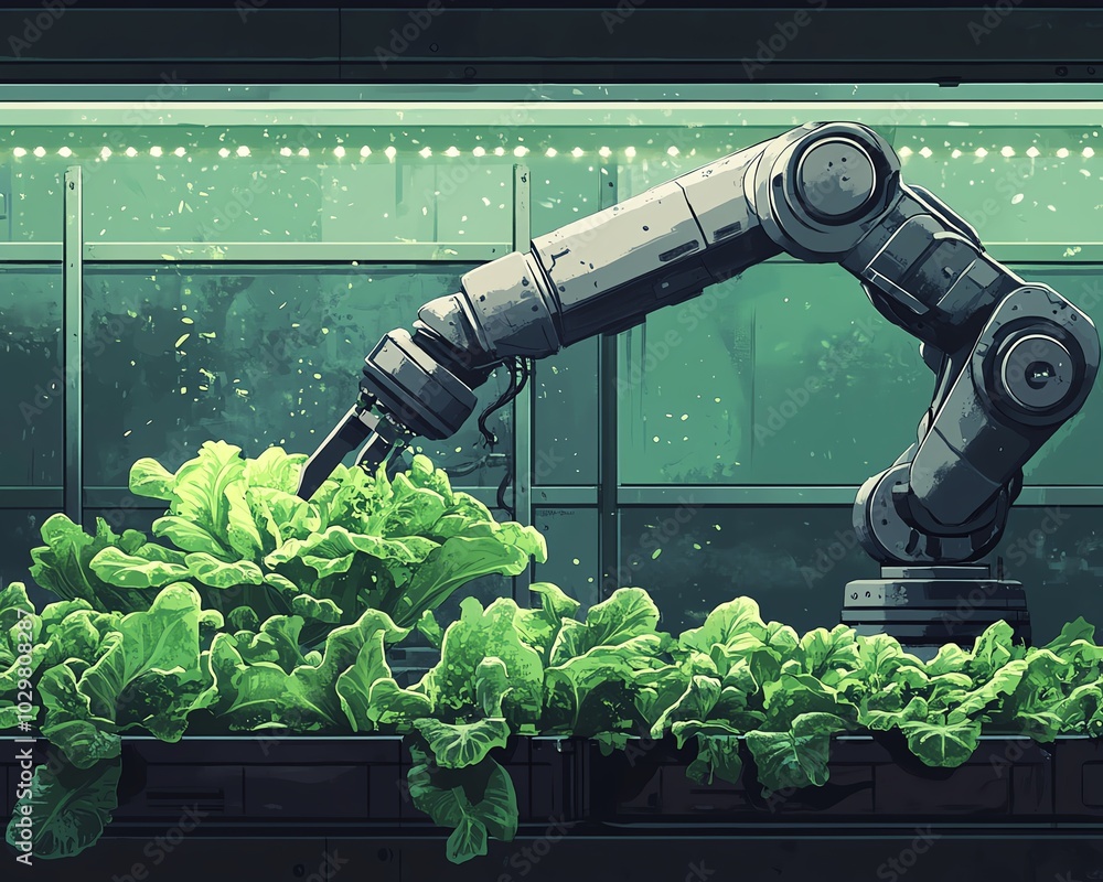 Poster illustration of automated hydroponic lettuce harvesting with a robotic arm in a smart farming greenh