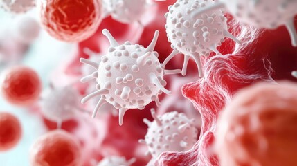 Microscopic view of immune cells in action against viruses.