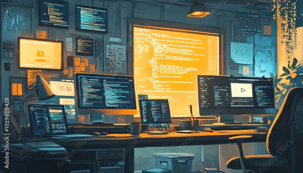 Poster Illustration of website development and coding technologies, showcasing a software company workspace with developers at work