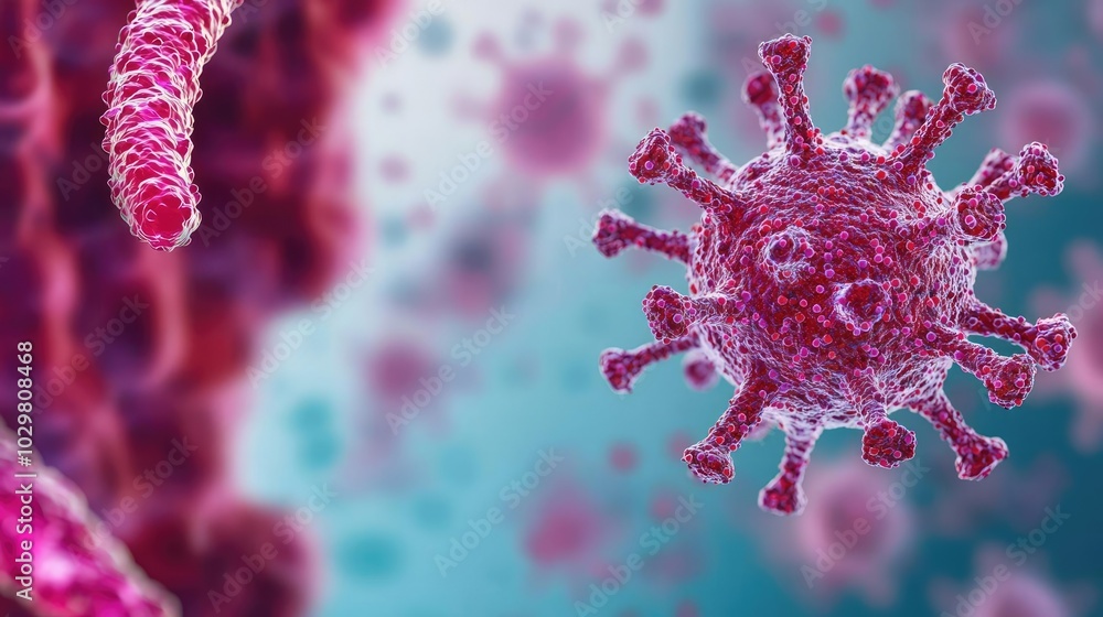 Poster microscopic view of a virus with detailed structure and vibrant colors.