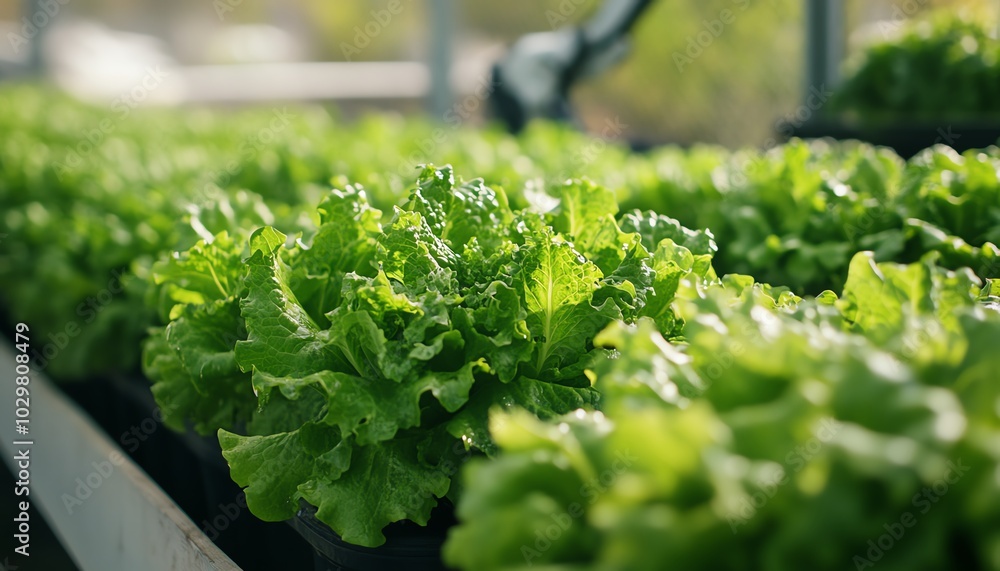 Poster image of a robotic arm in a greenhouse, harvesting hydroponic lettuce, demonstrating the use of smar