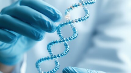 A scientists gloved hands carefully observe a DNA strand, showcasing intricate details in a  lab setting.