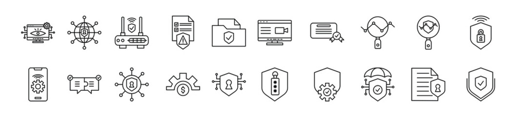 Network Security thin line icon set. Containing Network Security Monitoring, Network Security, Router, Security Risk Assessment, Documentation