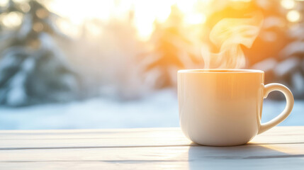 Enjoy a cozy winter evening with a warm cup of tea, gazing at the serene snowy forest from your wooden windowsill.