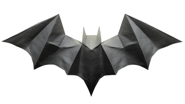 A black bat made out of paper. The bat is folded and has a triangular shape. The bat is on a white background