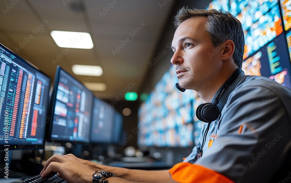 Leinwandbilder image of an it technical support specialist engaged in intercom announcements while managing a deskt