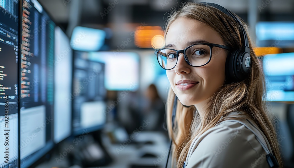 Leinwandbilder it technical support specialist operating in a control room, making intercom announcements and worki
