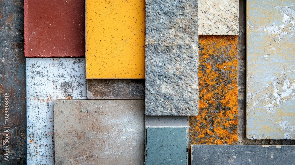Poster an abstract layout of construction materials showing their different textures and colors.
