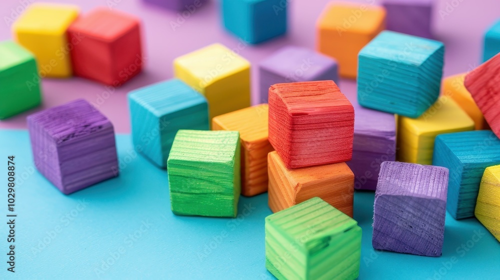 Poster brightly arranged wooden blocks create a vibrant spectrum, showcasing an array of color and creativi