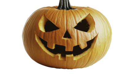 A pumpkin with a scary face carved into it. The pumpkin is orange and has a menacing look on its face