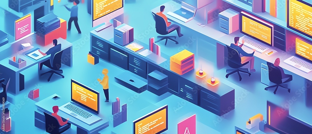 Poster Visual concept of website development at a software firm, emphasizing coding technologies and teamwork in a dynamic office environment