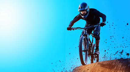 mountain biker performs thrilling jump, kicking up dirt and dust against vibrant blue background, showcasing excitement of extreme sports