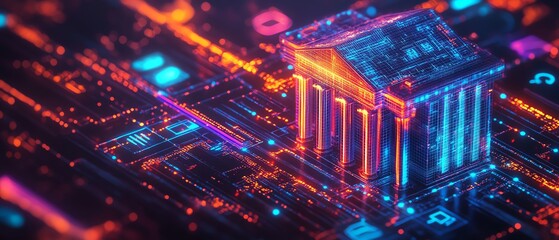 Vibrant abstract backdrop with financial technology icons, representing innovation in fintech and digital banking solutions