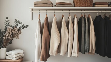 A minimalist wardrobe with neatly arranged clothing in neutral tones, capturing the essence of quiet luxury and understated elegance.