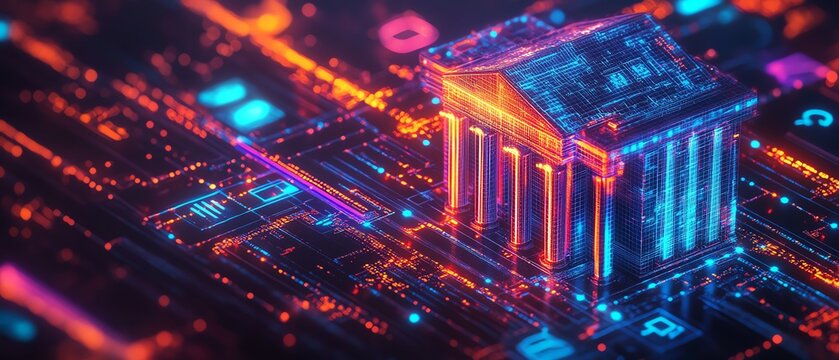 Vibrant abstract backdrop with financial technology icons, representing innovation in fintech and digital banking solutions