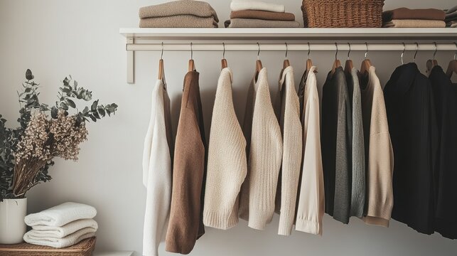 A minimalist wardrobe with neatly arranged clothing in neutral tones, capturing the essence of quiet luxury and understated elegance.