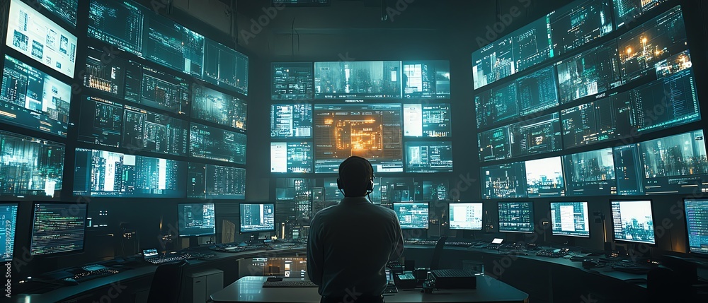 Fototapete a busy monitoring control room where an it technical support specialist makes an intercom announceme