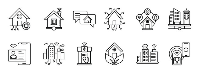 Smart City thin line icon set. Containing smart house, power, conversation, smart home, automation