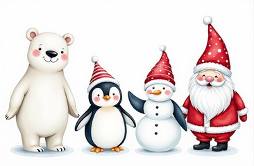 Set of watercolor Christmas characters: polar bear, penguin, Santa Claus, snowman and scandinavian gnome isolated on white background 