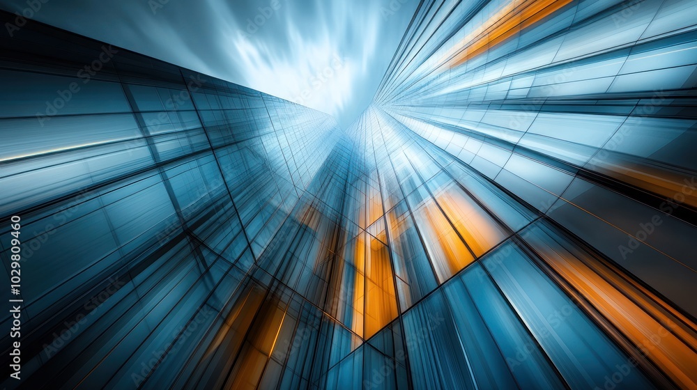 Poster a low-angle perspective looking up at a modern skyscraper with a bright light emanating from the top