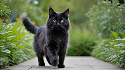 Black maine coon cat in the garden