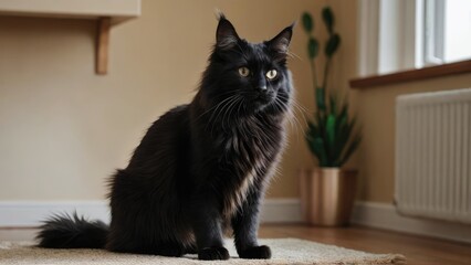 Black maine coon cat in the living room