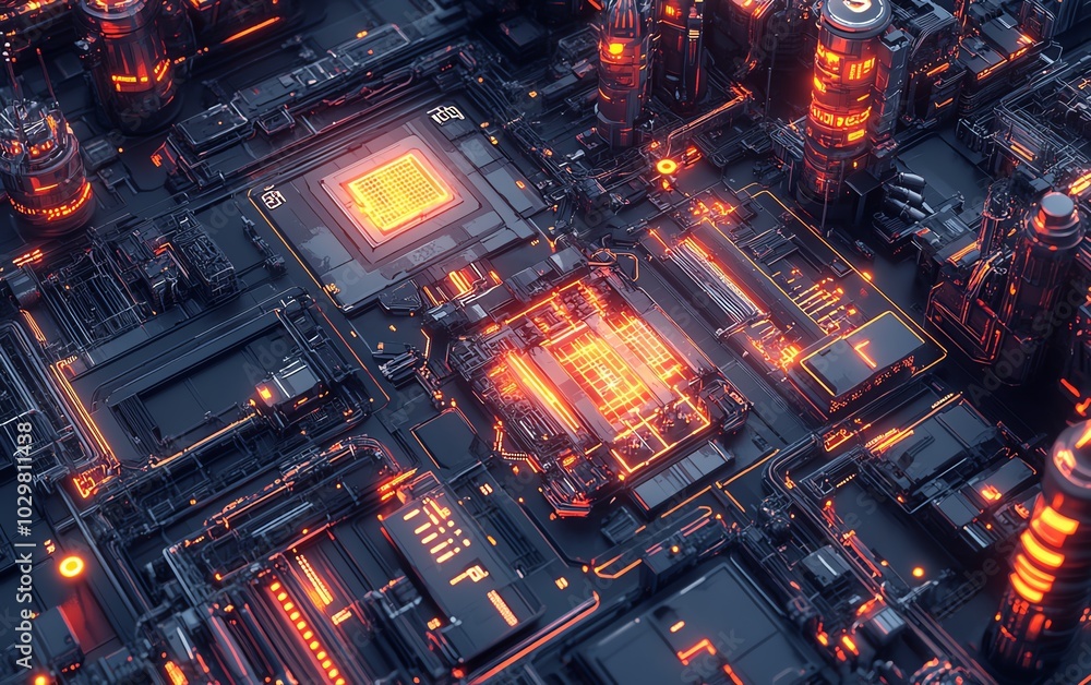 Poster topdown view of a hightech industrial park, paired with bright network graphics, symbolizing the rol
