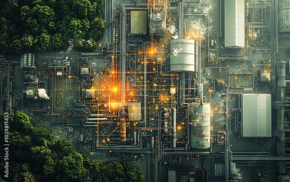 Aufkleber topdown view of a hightech industrial park, paired with bright network graphics, symbolizing the rol